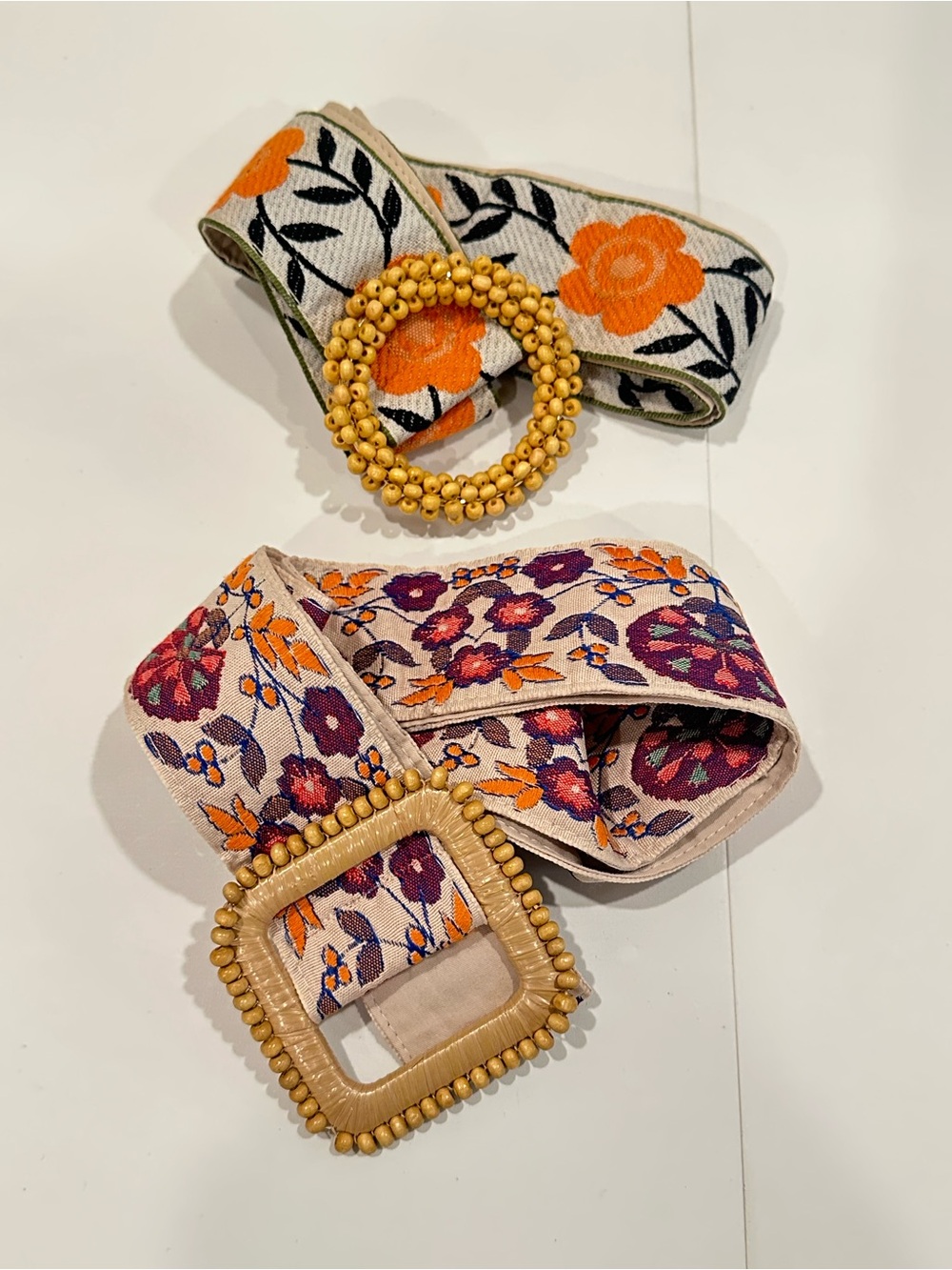 NWOT POL Floral Belts with Beaded Buckles — Orange & Purple Bundle of 2